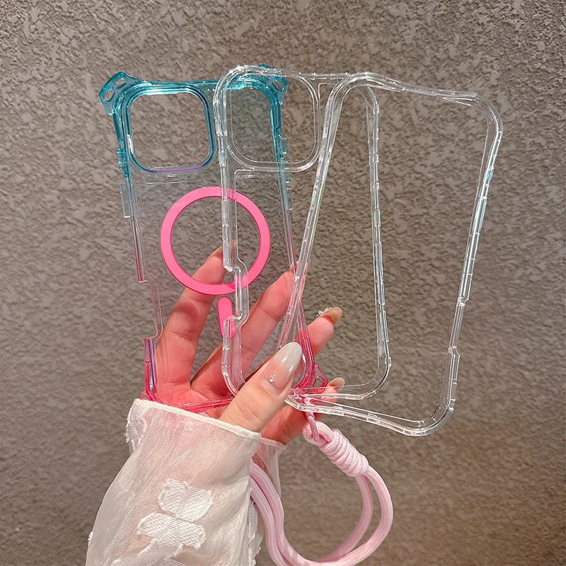 XMN Gradient Color CrossBody Chain Case For iPhone17Air 17 promax 16 16E 15 14 13 12Magsafe Wireless Charge Magnetic Cover