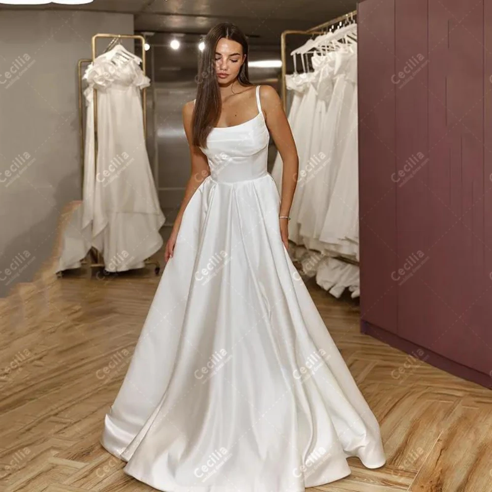 

Simple Wedding Dresses A-Line Satin Bridal Gowns Spaghetti Straps Robes For Formal Party Boat Neck Glamorous Vestidos De Novia