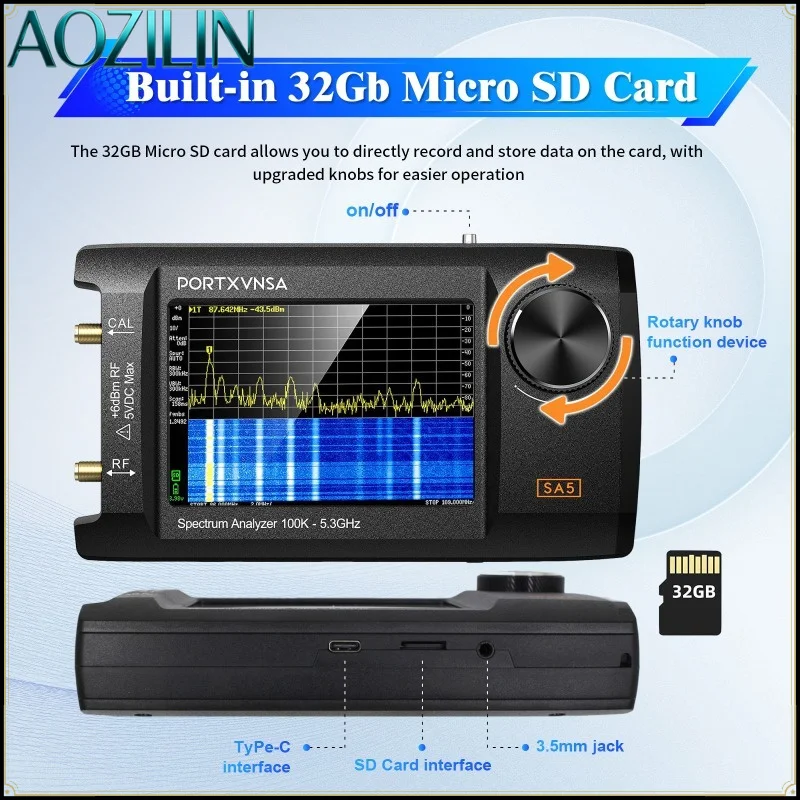 SA5 Handheld Spectrum Analyzer,4‑Inch IPS LCD 100kHz‑5.3GHz RF Tester with Signal Generator for Ham Radio RF Lab Experiment