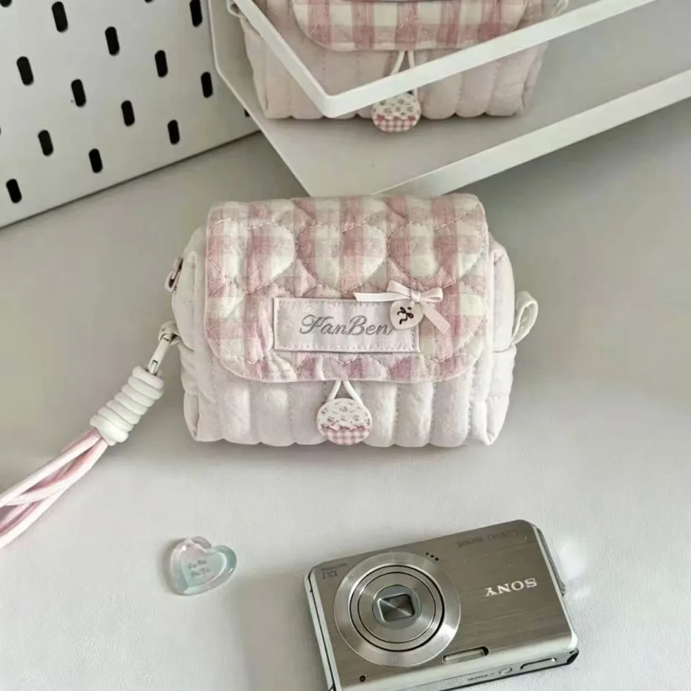 Pink Heart Large Capacity Storage Pouch  Aesthetic Ins Style Makeup Bag Portable Travel Organizer for CCD Camera Cosmetics