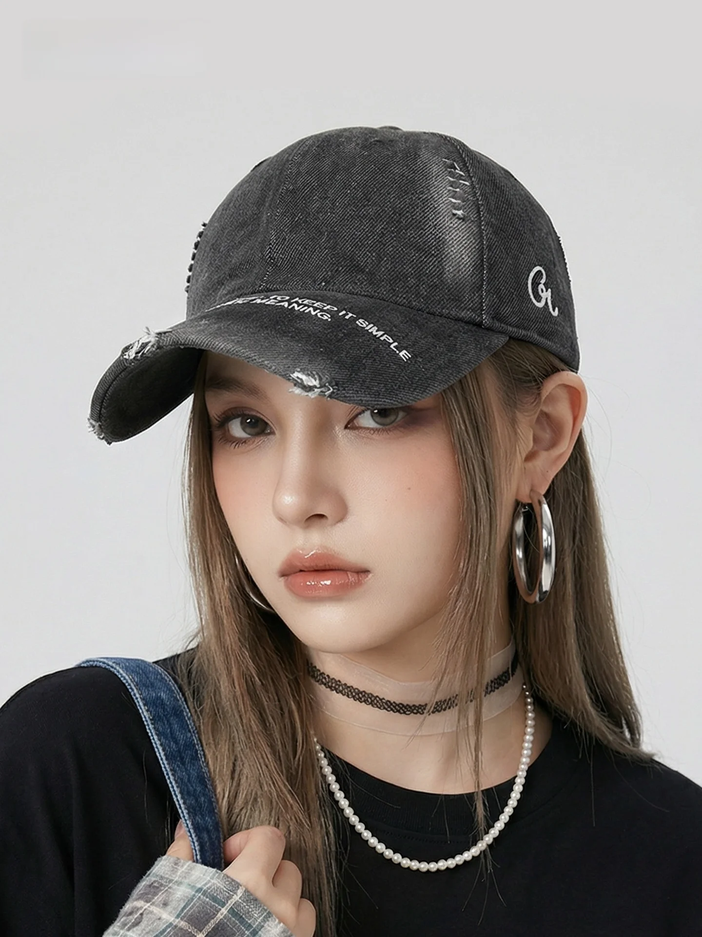 cacuss-denim-baseball-cap-ex-vintage-sle-spring-faion-small-face-hole-casual-match-women's-spring-new-sle-hat