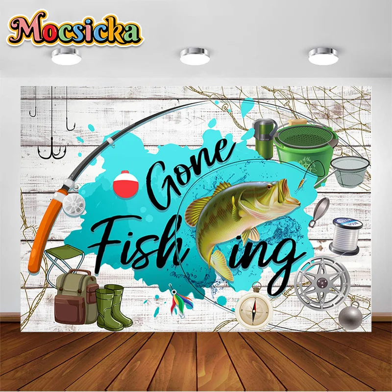 

Gone Fishing Backdrop Wooden Wall Fishing Theme Birthday Party Decorations Fishing Gear Car Trunk Backdrop Souvenir Photography