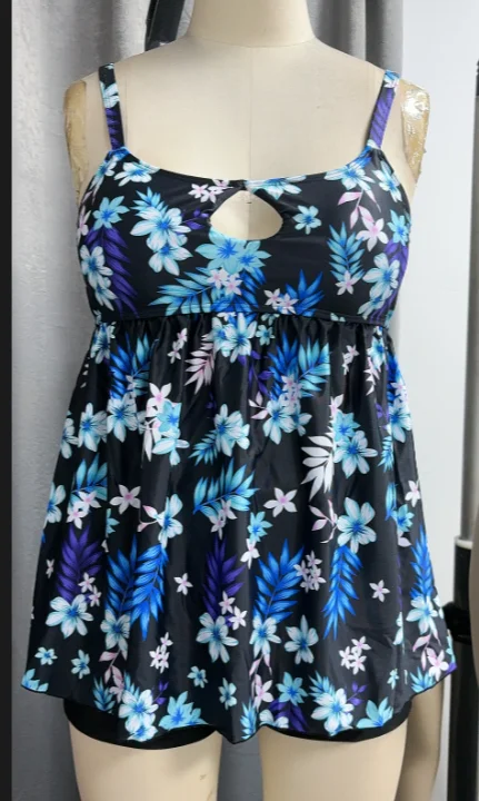 ROSEGAL Plus Size Women's Split Swimsuit Flower Leaf Printed Keyhole Boyleg Tankini Swimwear Two Pieces Adjusted-straps Bikini