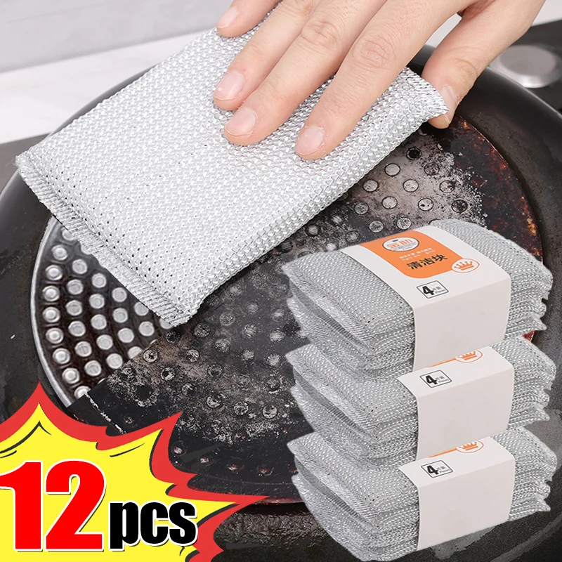 12/4pcs Steel Wire Dish Washing Sponges Double Sided Cleaning Sponge Non-stick Oil Kitchen Reusable Household Cleaning Tools