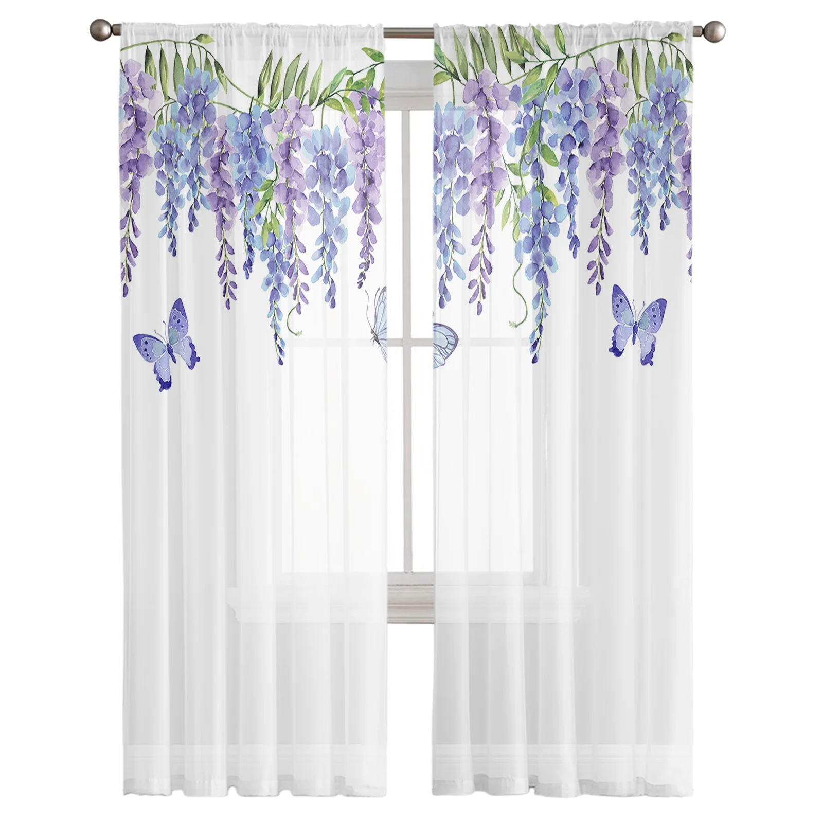 Spring Flowers Watercolor Wisteria Sheer Curtains Living Room Bedroom Tulle Curtains Kitchen Voile Window Treatment Drapes