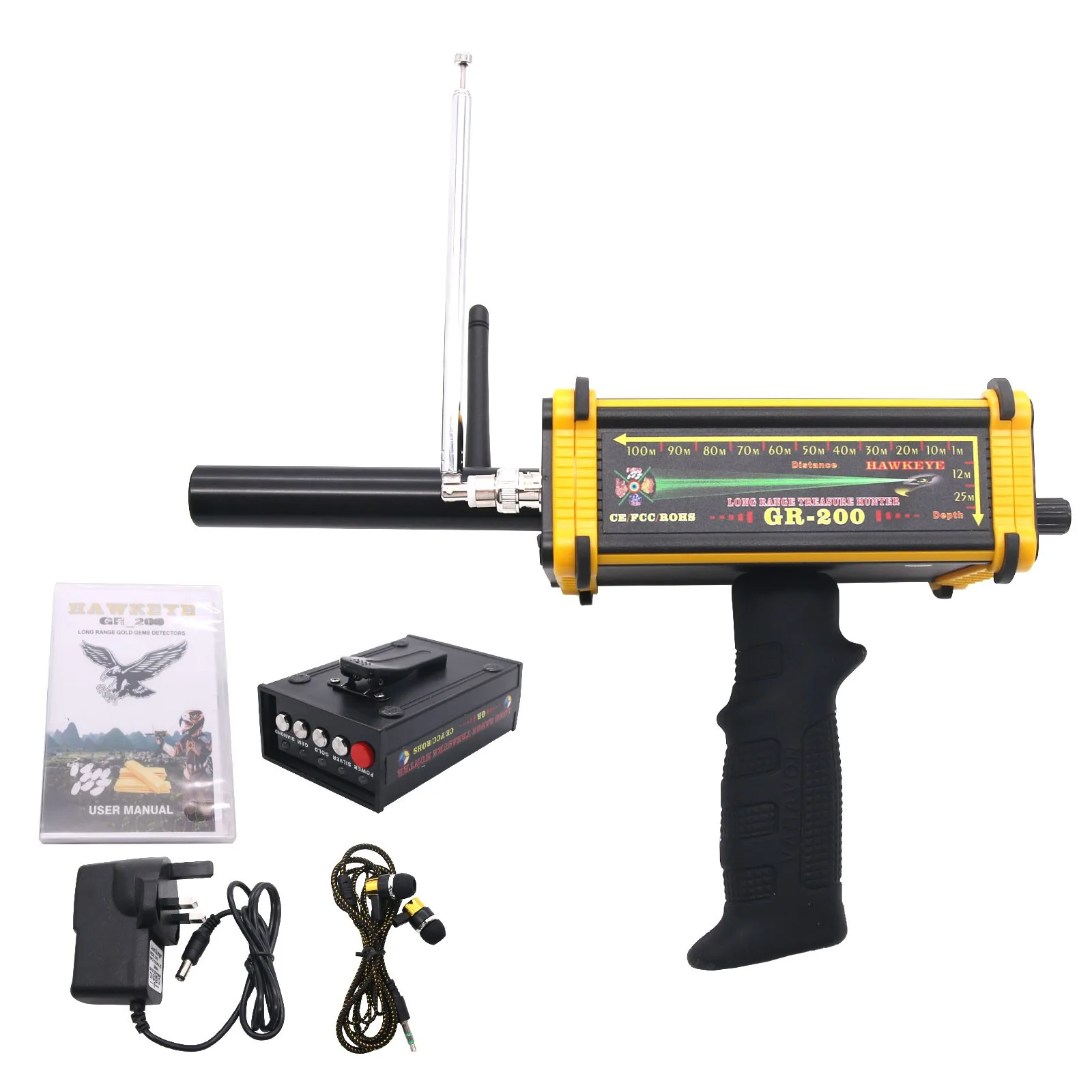 

GR-200 Long Range Metal Gold Detector Underground 100m W/ 3D LED Display 2 Antennas Plastic Case