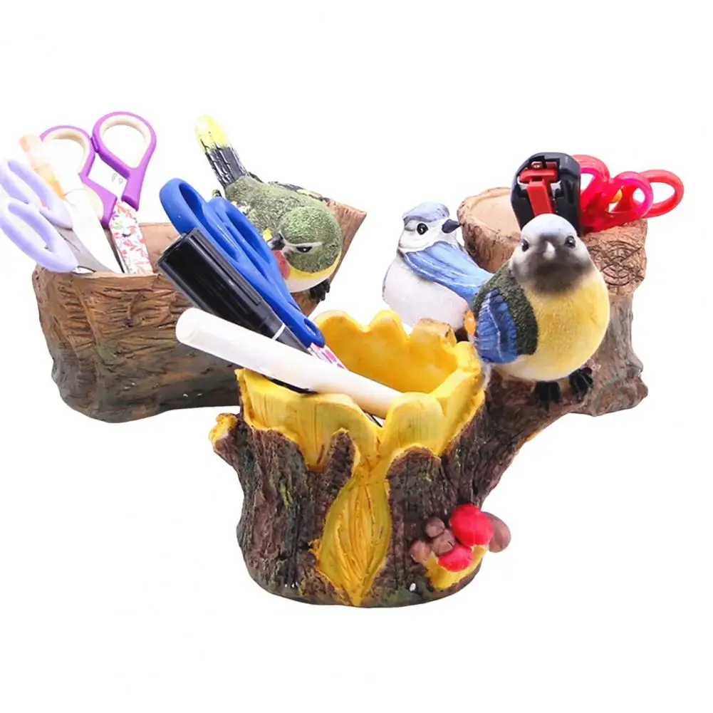 Decorative Pen Holder Pen Holder Ornament Simulated Bird Pen Holder Resin Stump Stationery Pencil Stand Organizer Home Office