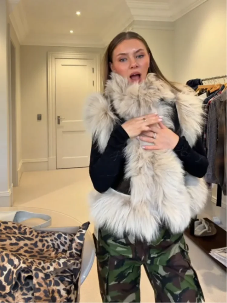 Women Luxury Faux Fur Leather Vest Oversized Shaggy Fluffy Fur Collar Sleeveless Cropped Gilet Streetwear Club Fashion Waistcoat