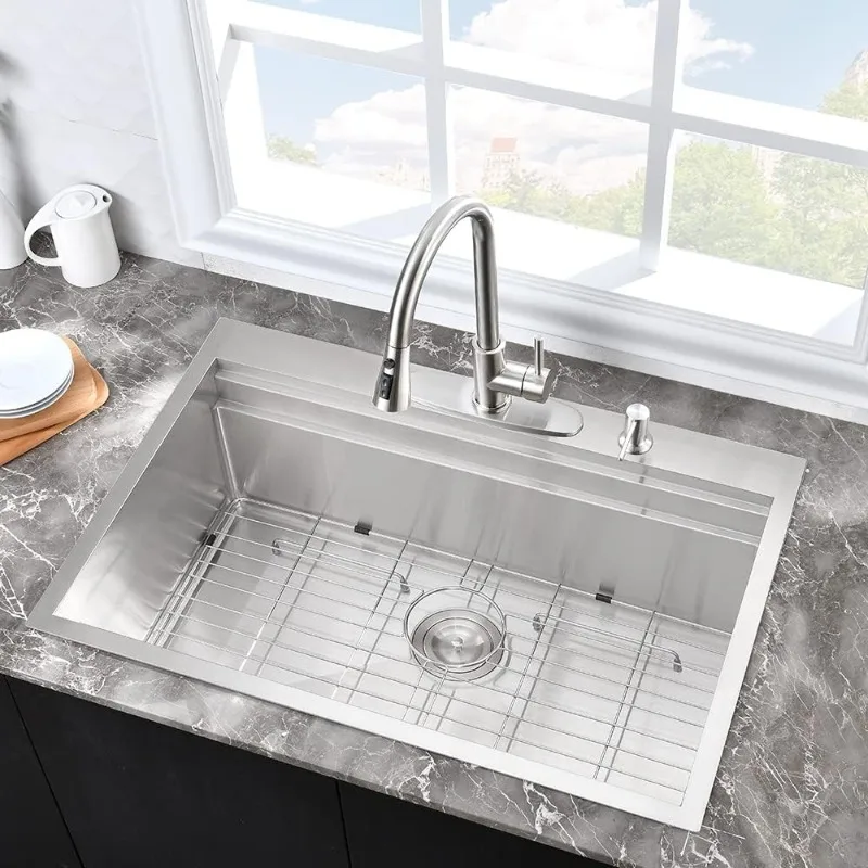 Drop in Kitchen Sink Workstation Double Ledges Workstation Sink Stainless Steel Single Bowl Deep Kitchen Sink with Cutting Board