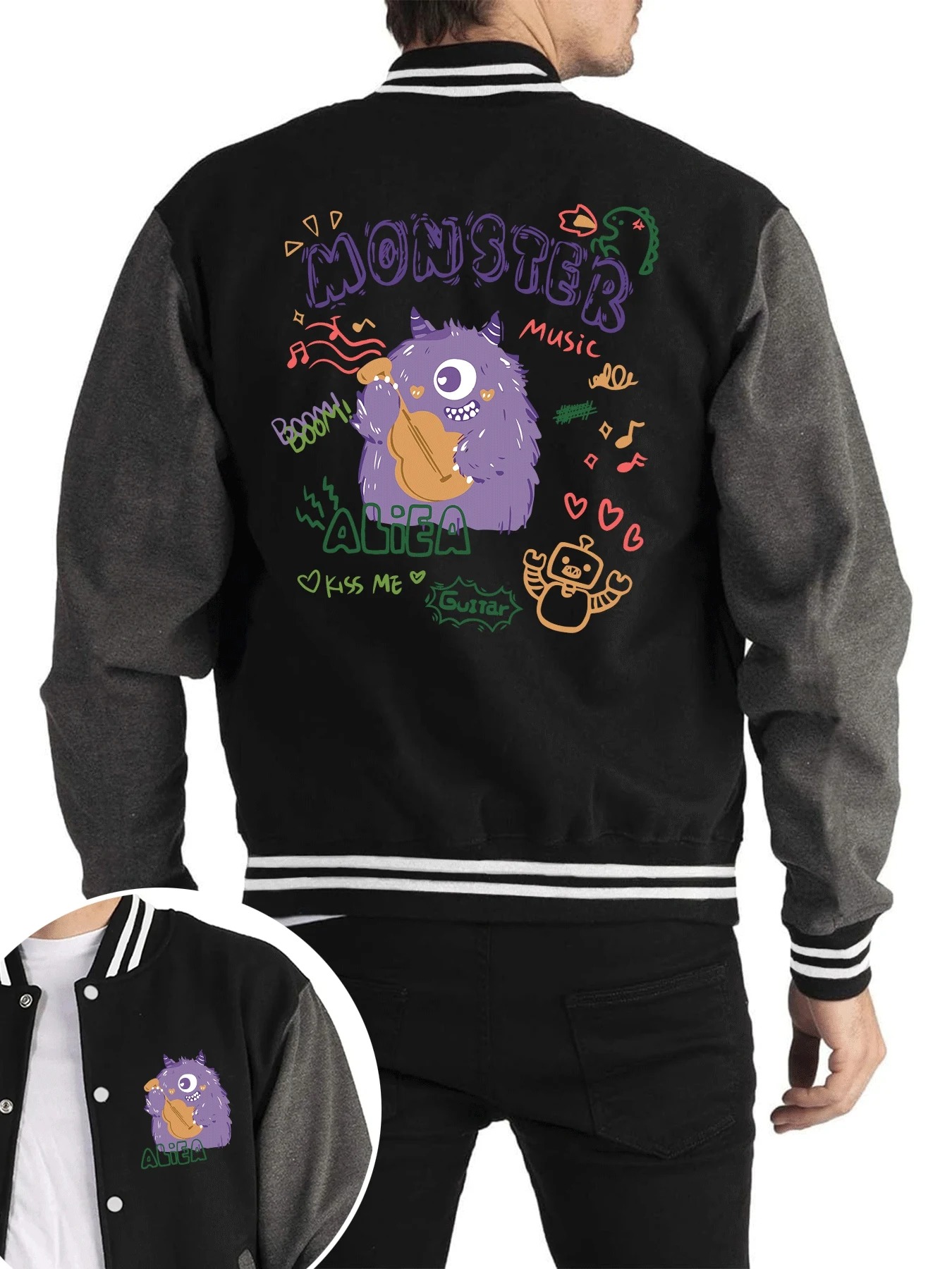 

Purple Plush One-Eyed Monster Printing Men Clothes Fashion Pocket Jacket Autumn Warm Clothing Casual Loose Fleece Unisex Jackets