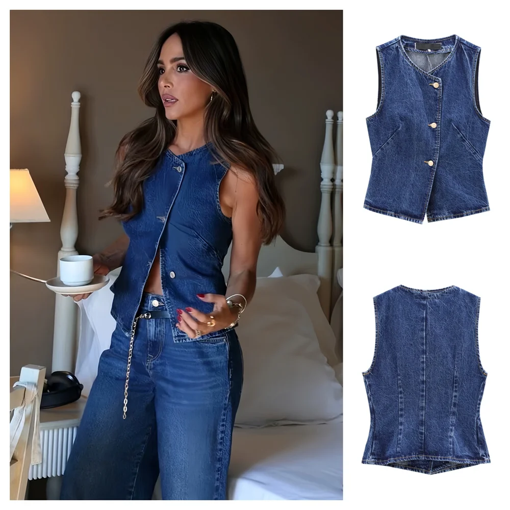 PB&ZA2024 autumn new women\'s clothing style slim fit and simple sleeveless round neck short denim vest top