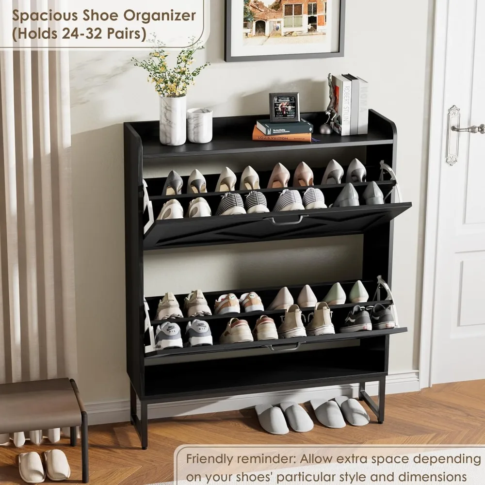 Organizador de zapatos independiente con 2 cajones, patas de metal, gabinete de zapatero estrecho