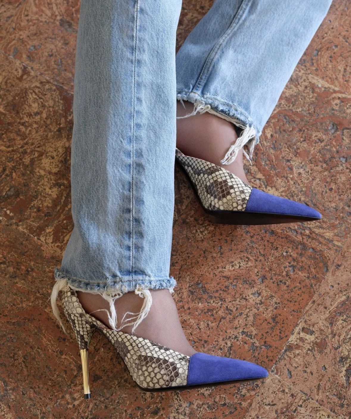 Summer New Women's Snake Print Blue Suede Patch Ankle Strap Pumps Pointed Toe Gold Stiletto Buckle Party Sexy High Heels