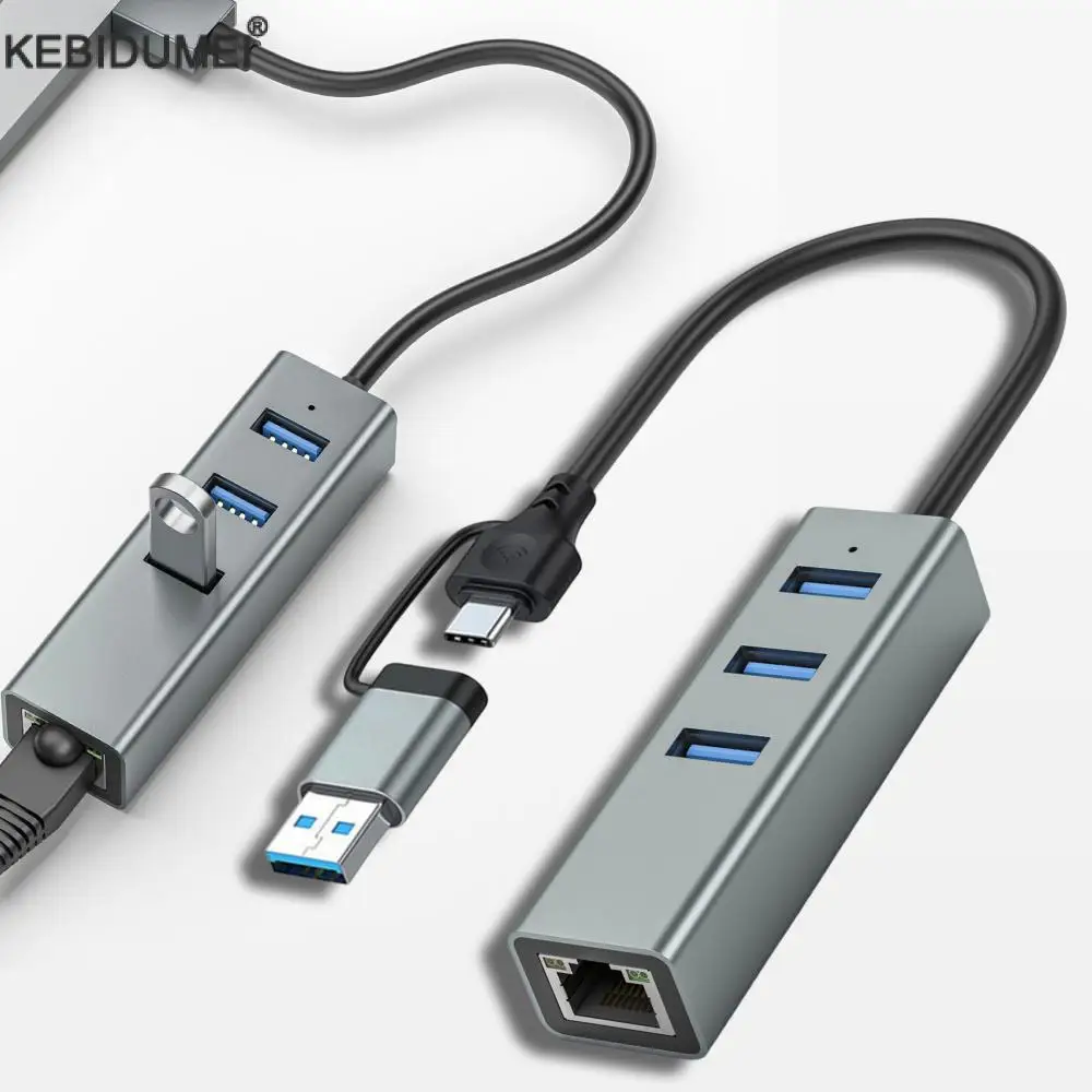 USB C HUB 1000Mbps 3 Ports USB 3.0 Type C HUB USB to Rj45 Gigabit Ethernet Adapter Docking Station for MacBook Laptop Computer