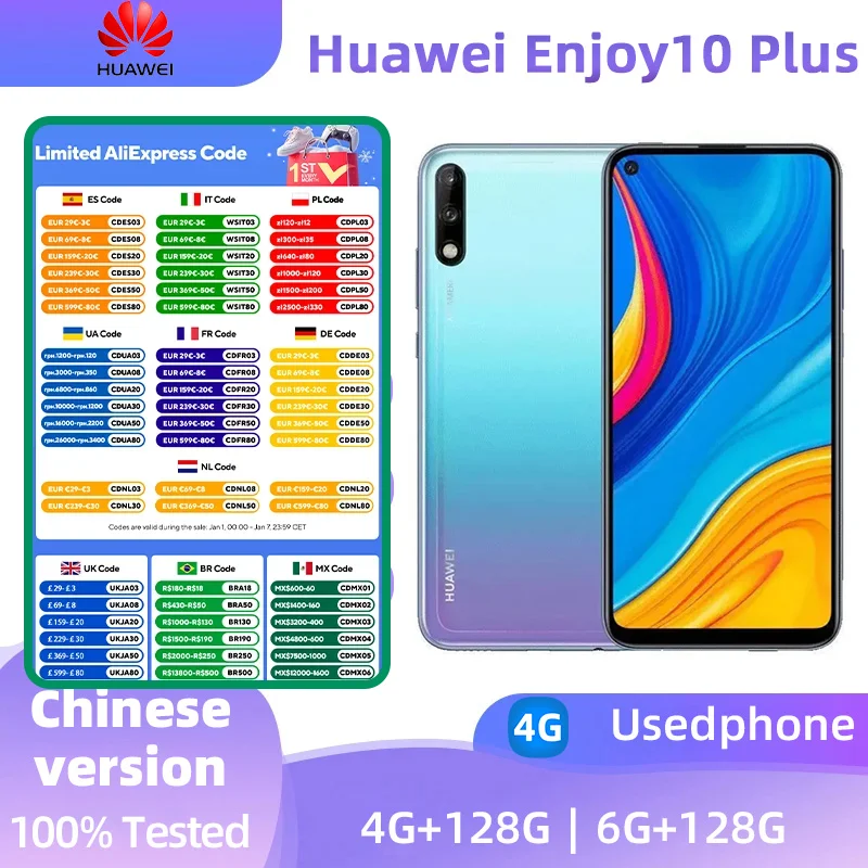 HUAWEI Enjoy 10 Plus 4g Android 6.529 inch LCD Screen  CPU Kirin 710F 48MP Camera 4000mAh  Charge HarmonyOS Unlocked Used Phone