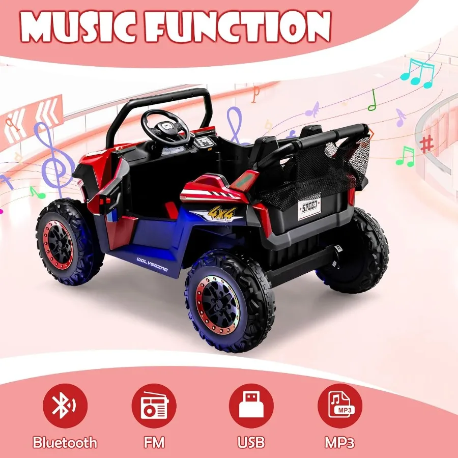 12V UTV 전기차용 2인승 전동차, 리모컨, 스프링 서스펜션, 소프트 스타트, 음악, 블루투스, FM 라디오, 배터리 포함