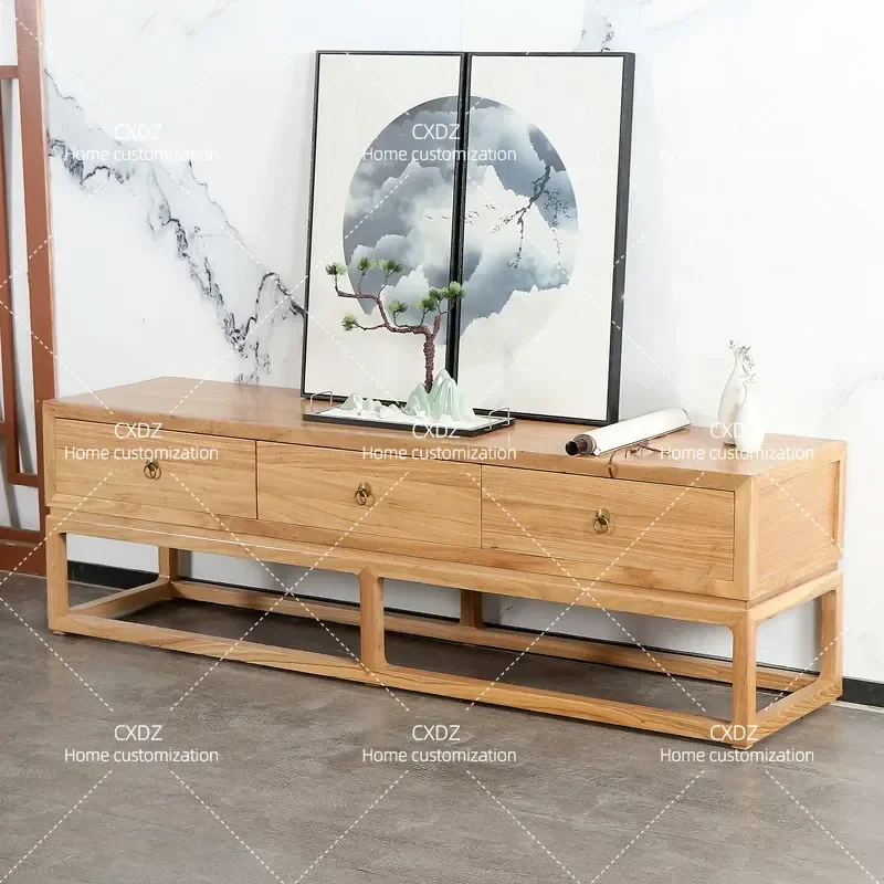 New Chinese Style Solid Wood TV Cabinet Simple Living Room Floor Storage Cabinet Old Elm Zen Paint-free Locker Minimalist