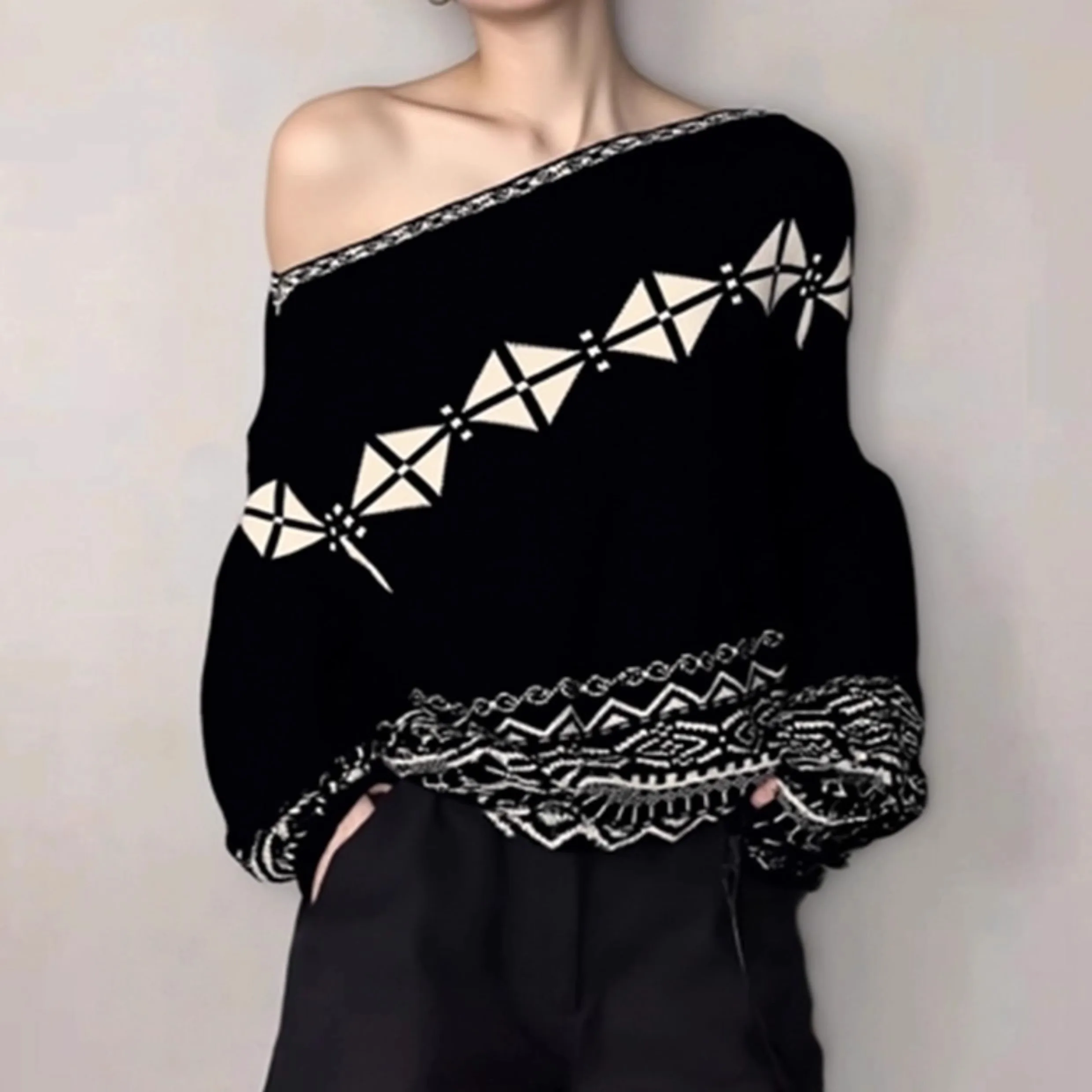 เสื้อสเวตเตอร์ถักไหมพรมทรงหลวมสไตล์เกาหลีสำหรับผู้หญิง ดีไซน์หรูหรา สไตล์ลำลอง แบบคลุมไหล่ ทรงหลวมคลุมทั้งตัว