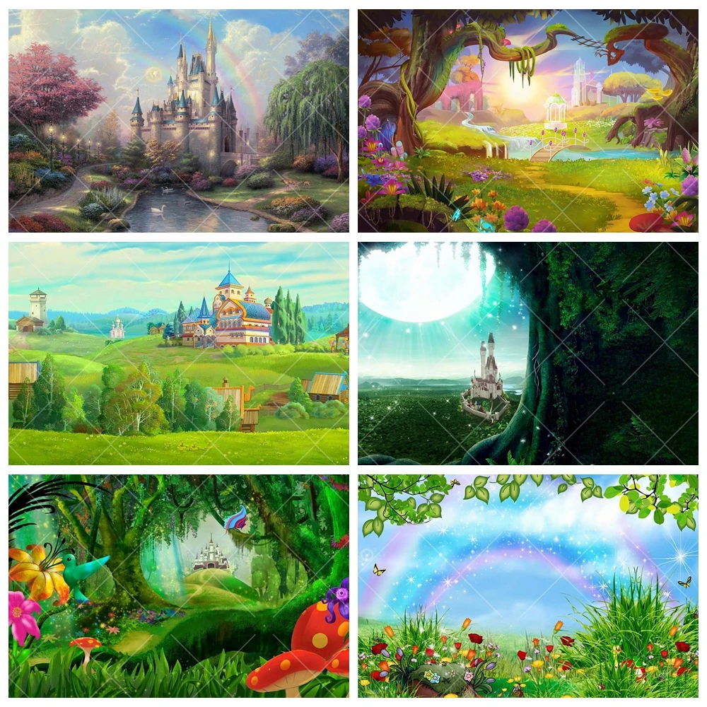 

Spring Forest Castle Photo Background Custom Green Grass Rainbow Baby Shower Photography Backdrop Kid Birthday Decor Banner Prop
