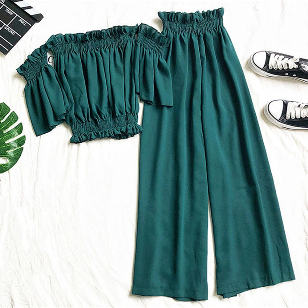 Short Sleeved Off Shoulder Exposed Navel Waist Collection Crop Top+Flower Bud Elastic Waist Wide Leg Pants Sets Summer Sweet