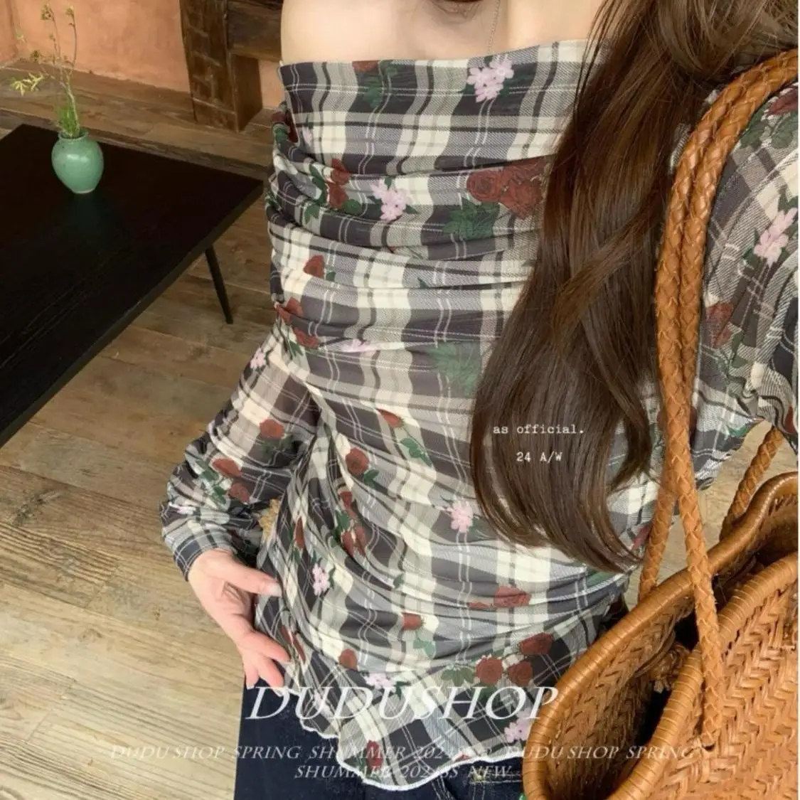 Onalippa 2025 Fashion Plaid Ribbon Slanted Shoulder Shirt Autumn Korean Style Outfit Irregular Slim Fit Sweet Spicy Girl Top