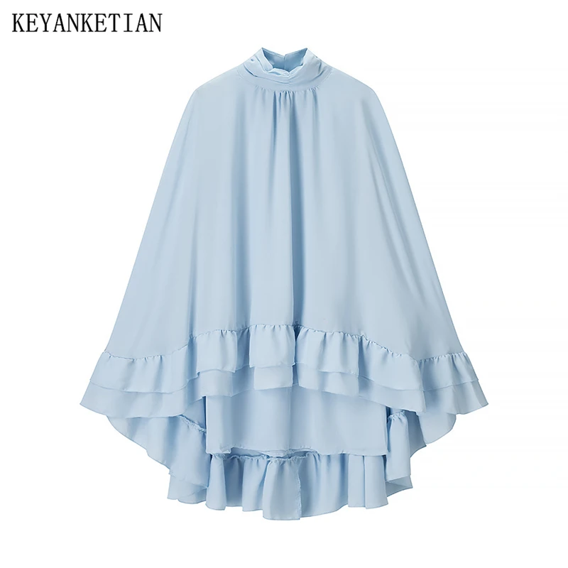 KEANKETIAN 2025 Novo vento de férias em camadas estilo capa mini vestido azul claro feminino gola batwing manga vestidos de chiffon