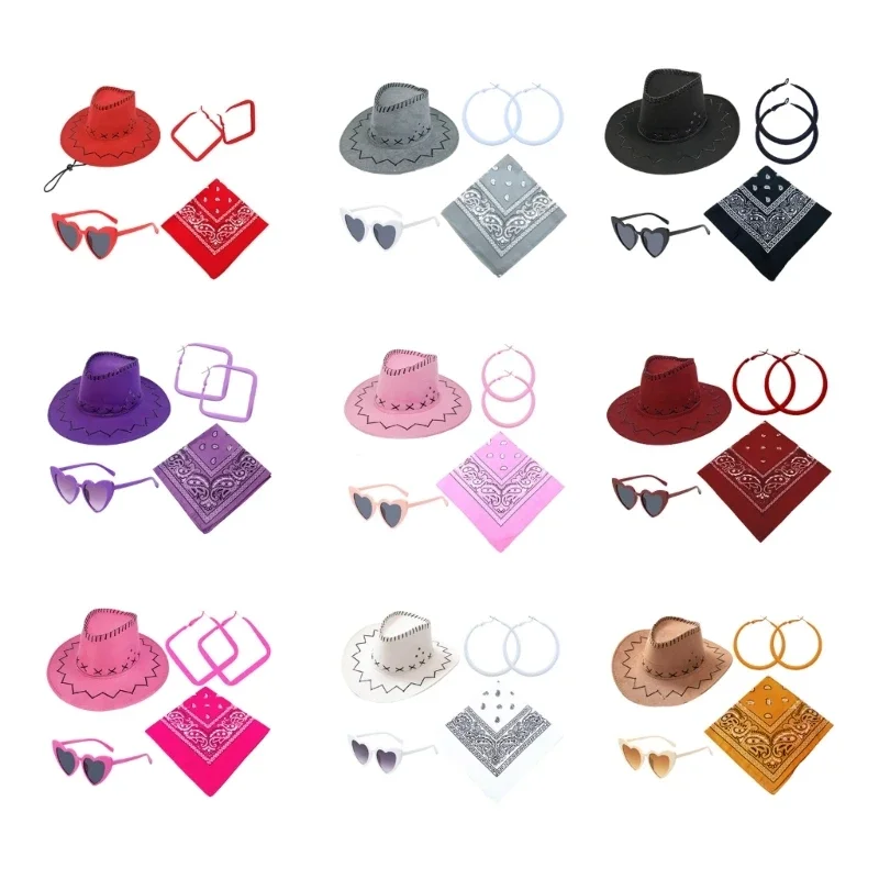 

Elegant Cowboy Hat Unisex Wear Multicolored Kerchief Heart Sunglasses Earrings Wholesale