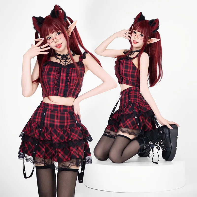 Dark Gothic Subculture Lace Spicy Girl Sweet Cool Red and Black Checkered Punk Top Half Skirt 2-Piece Set Halloween Costume