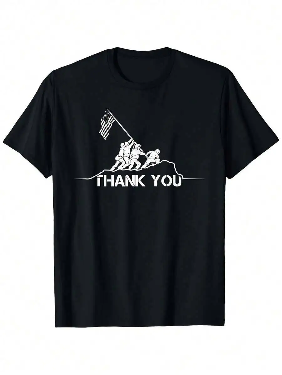 1 Piece Oversized American Flag Thanksgiving Men's Black Summer Comfortable Veterans Day T-Shirt, 100% Cotton Trendy Y2K