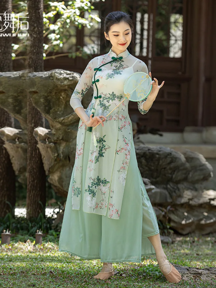 Classical Cheongsam Mesh Republic of China Chinese Dance Printed Yarn Ethnic Performance Dress Line Dance Costume New Products