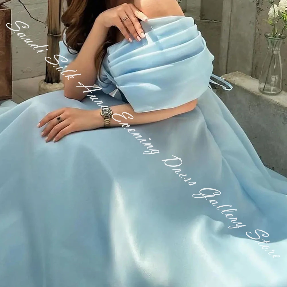 Customized Off the Shoulder Sleeveless Satin Floor Length A-Line Evening Dress Panel Train Lace Up Back Temperament Saudi Arabia