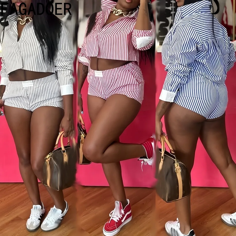 

FAGADOER Fashion Stripe Patchwork 2 Piece Sets Woman Outfit Long Sleeves Lapel Buttons Top and Shorts Matching Female Streetwear