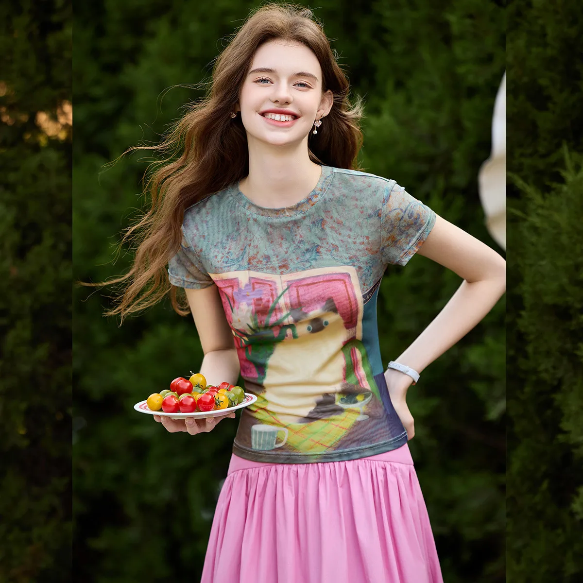 LOUIS YAO Color Contrasting Printed Short Sleeve 2025 Summer New Casual Round Neck Micro Elastic Cat Pattern Women's T-shirt