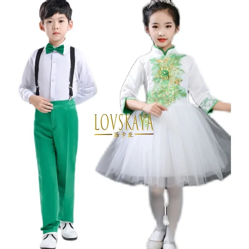 Disfraces de actuación de baile verde de estilo chino para niños, trajes de coro de escuela primaria de primavera