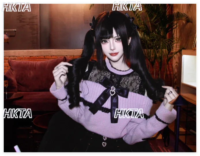 

Japanese Style Lolita Knitted Sweater Pullover Top Women 2025 Autumn Winter New Lace Design Off-Shoulder Long Sleeve Sweaters