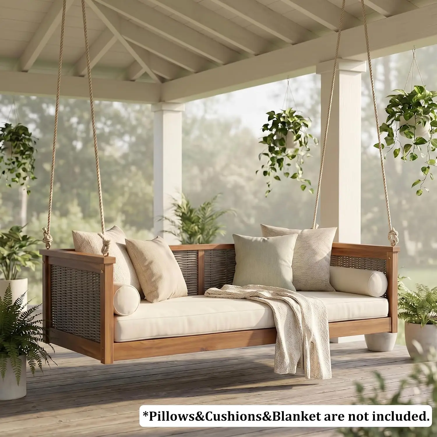 Outdoor Hanging Swing Bed Twin Size, 350lbs Capacity, 7.5ft Hemp Ropes, Garden Porch Poolside, Teak, Customized