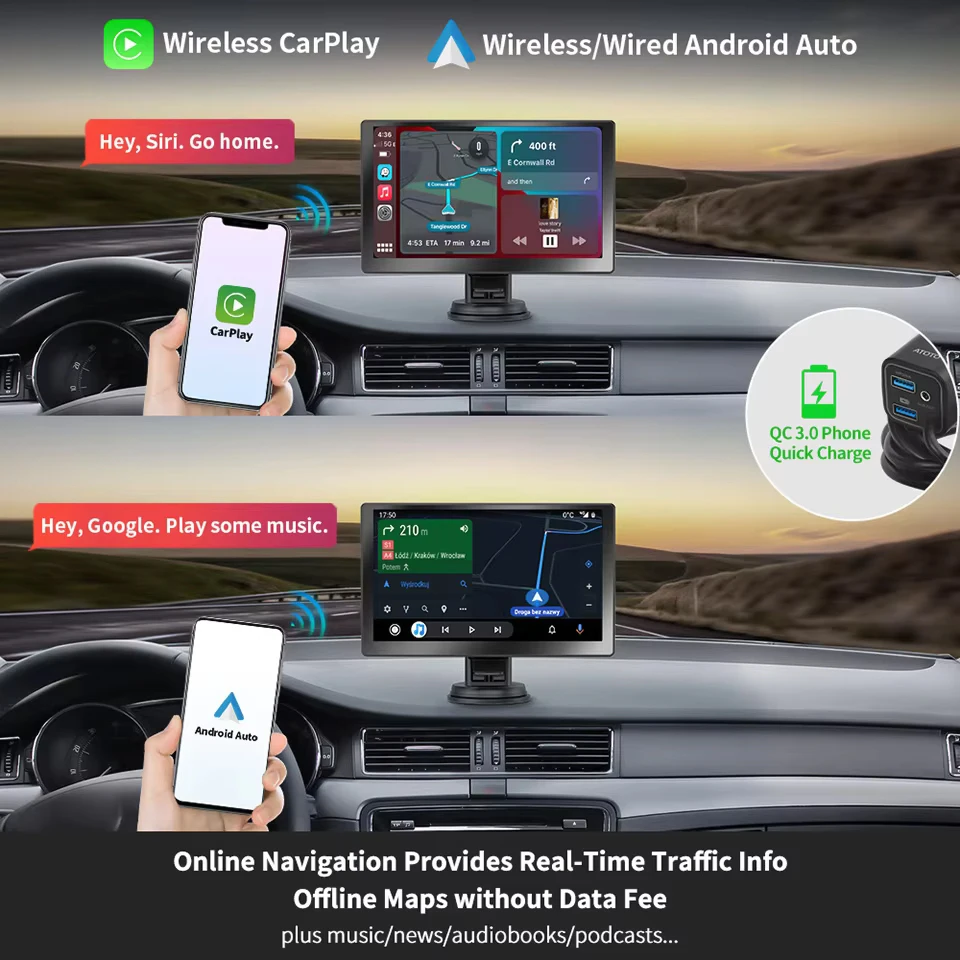 7/9/10.26 Inch Universal Portable Carplay Android Auto for Car Screen Wireless Carplay Screen Wireless Car Stereo Radio 1 2 din