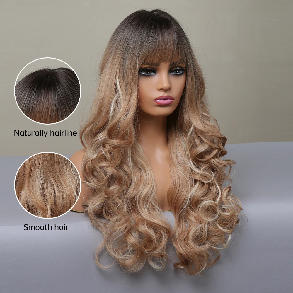 HENRY MARGU Ombre Brown Blonde Highlight Synthetic Hair Wigs with Bang Long Loose Wave Cosplay Wig Heat Resistant Fake for Women