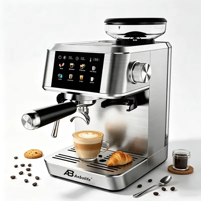 Anbolife 20Bar Bean to Cup Machine Compact Quiet Espresso Coffee Touch Panel Milk Frothing Function Full Metal Housing