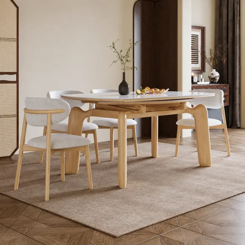 Solid Wood Rock Slab Dining Table and Chair Set Folding Telescopic Square Round Dual Purpose Medium Ancient Style for Small