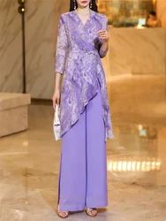 Luxury Drop Chiffon Shirt Wide Leg Pant Two Piece Suits Women's Dress Ladies's Professional Shirt Elastic Waist Pants Set Elegan