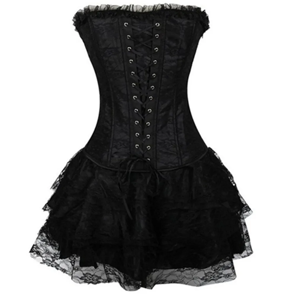 Women's Sexy Lace Up Overbust Corset Bustiers Dress Gothic Body Shaper Mini Skirt Showgirl Dance Plus Size S-2XL