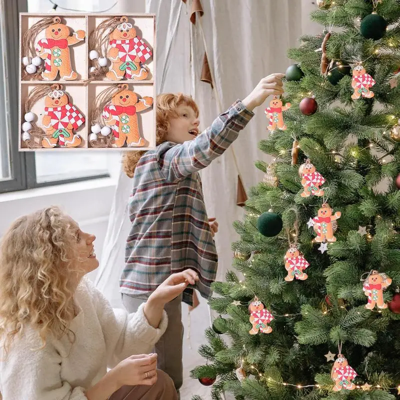 ขนมปังขิงไม้สําหรับคริสต์มาส 12X ไม้ Gingerbread Man Wall ต้นไม้เครื่องประดับตามฤดูกาล 4 รูปแบบ Gingerbread Man Lanyard