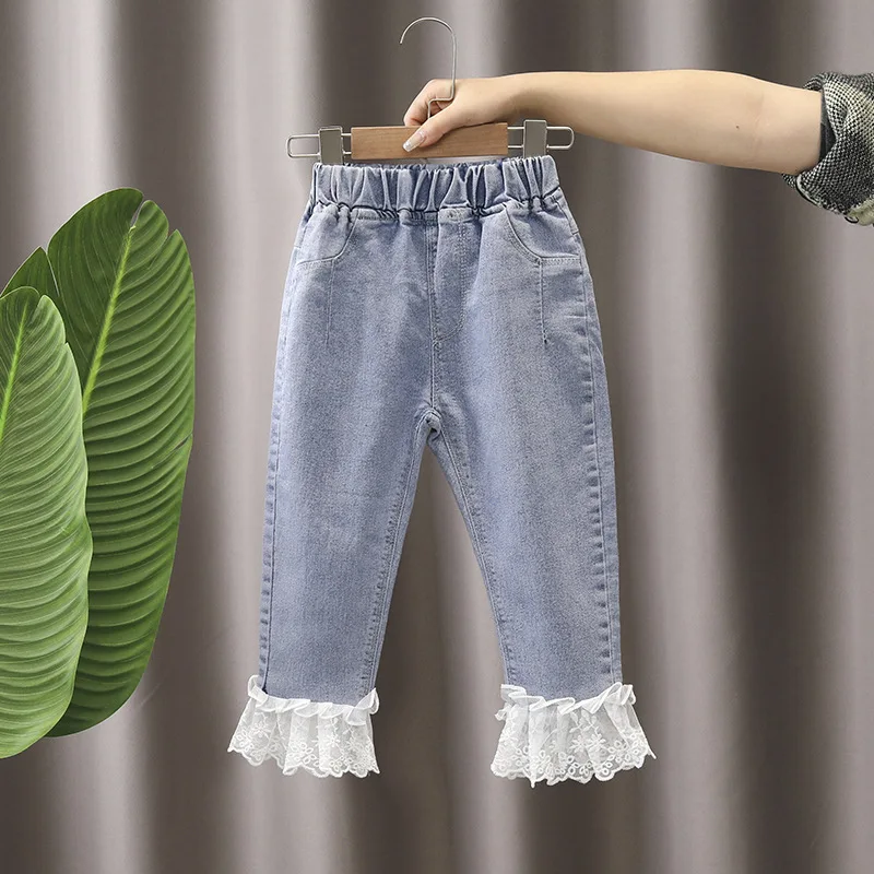 Spring Autumn Children Girls Denim Pants Elastic Waist Mesh Bowknot Harem Baby Girls Pants Exterior Stylish Kid Girls Trousers