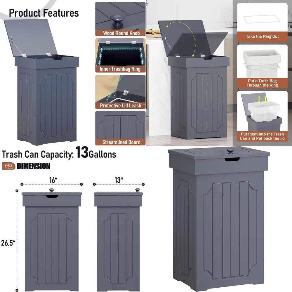 

Grey Farmhouse-Style 13-Gallon Kitchen Trash Bin with Lid, Wooden Recycling Bin, Dog-Proof Cabinet for Home Use