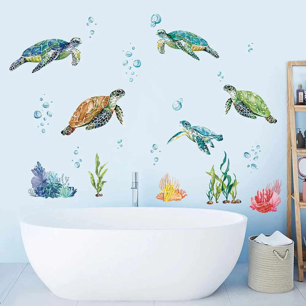 Watercolor Sea Turtles Wall Sticker  Under The Sea Coral Seaweed Wall Decals Bedroom Bathroom Baby Nursery Wall Decor