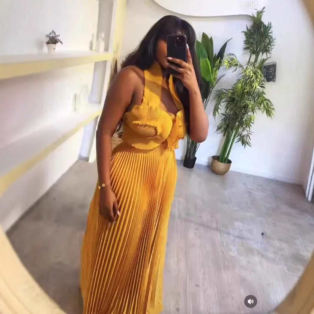 คุณภาพสูง ISSEYS MIYAKES ruffled เซ็กซี่ cami top sun จีบกางเกงขากว้างชุดสองชิ้น