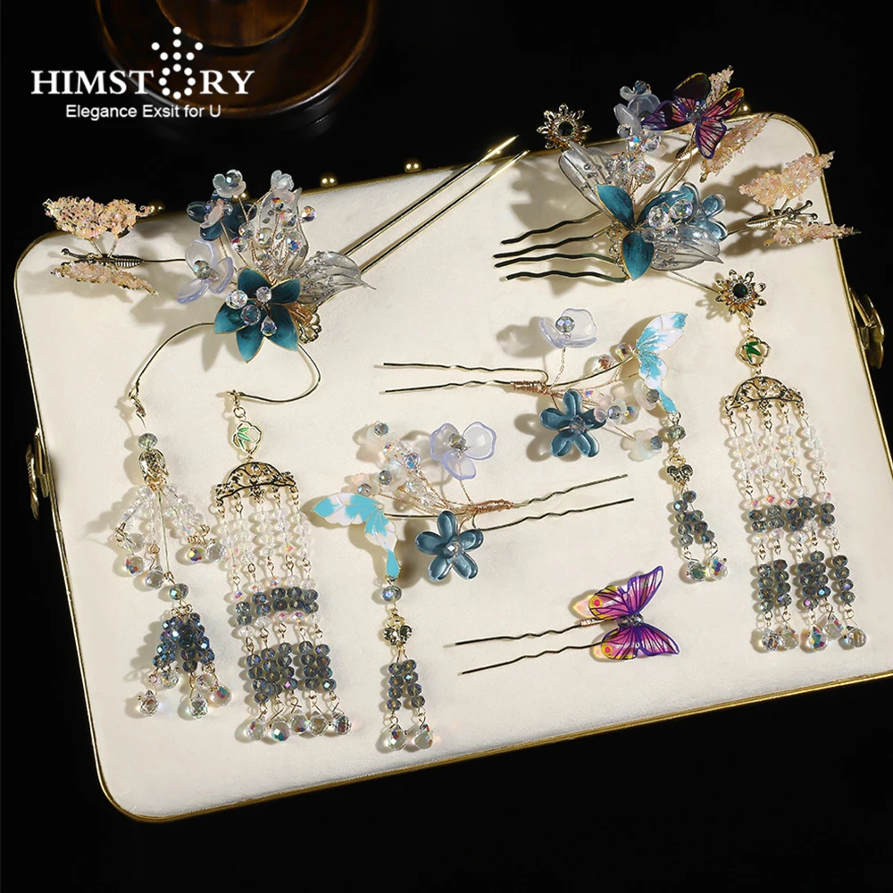 

HIMSTORY New Original Design Ancient Style Handmade Crystal Butterfly Bride Xiuhe Headdress Blue Hairpins Accessories