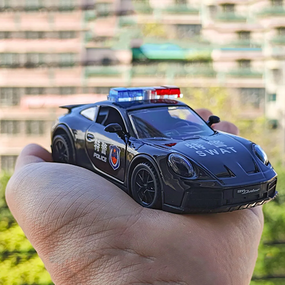 

1:32 911 автомобили, миниатюрные модели, игрушки из сплава, литой под давлением со звуком, светом, полицейский автомобиль, резиновые шины, транспортные средства для детей, праздничные подарки