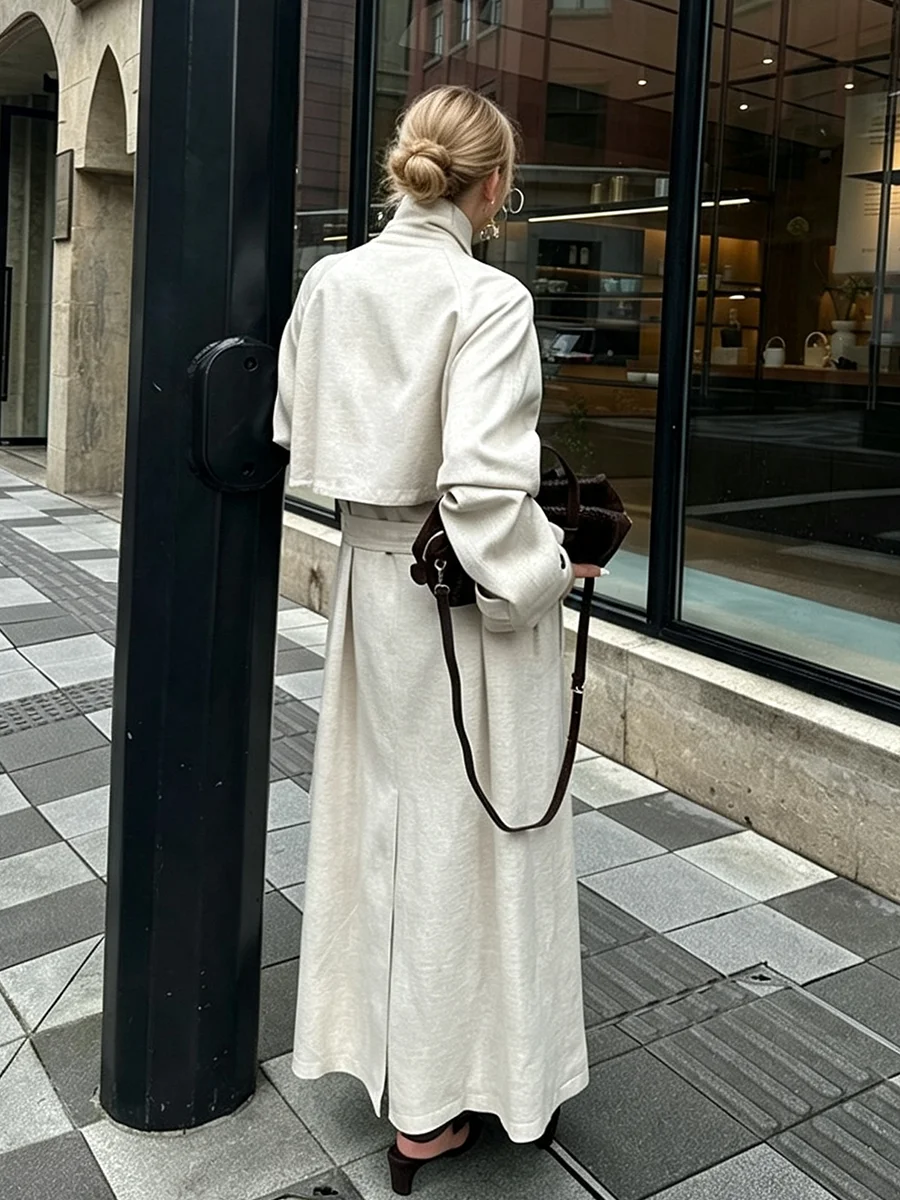 LIMO Women Double Linen Breasted Trench Coat Lapel Collar  Loose Long Outerwear Casual  Texture Windproof Mid Length Overcoat